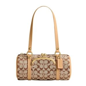 New Coach Signature Canvas Kisslock Barrel Bag 28 Brown and Tan Gold Hardware